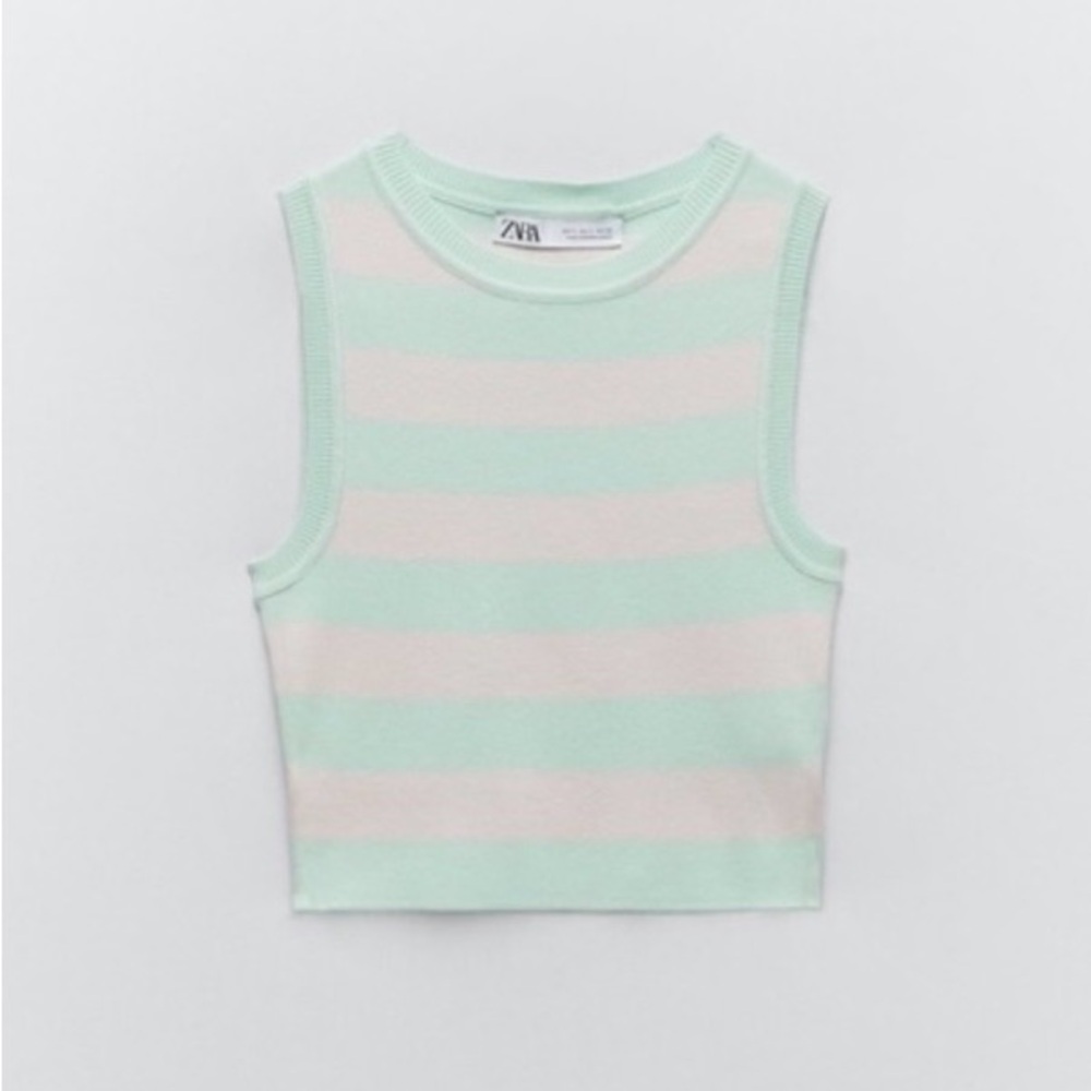Zara Striped Ribbed Knit Crop Top Mint Pink Sleeveless Summer Small